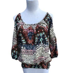 Cold Shoulder Smocked Waist Boho Floral‎ Feather Print Feminine Blouse Size M